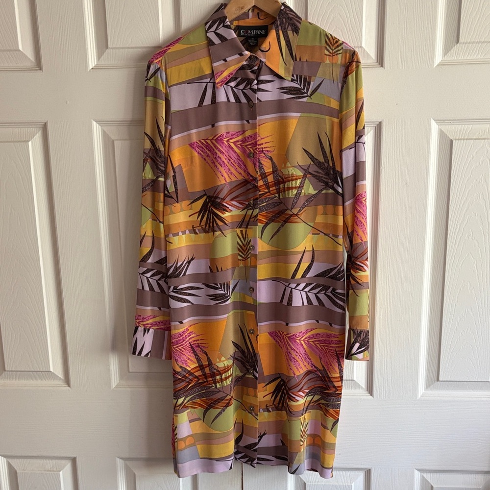 Ellen Tracy Long-Sleeve Printed Shirt Dress in Yellow, Pink & Green
